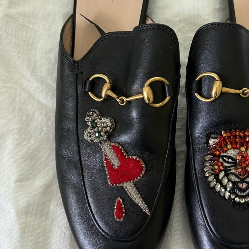 Gucci Black Princetown Mules with Embroidered Tiger and Heart - Picture 11 of 13
